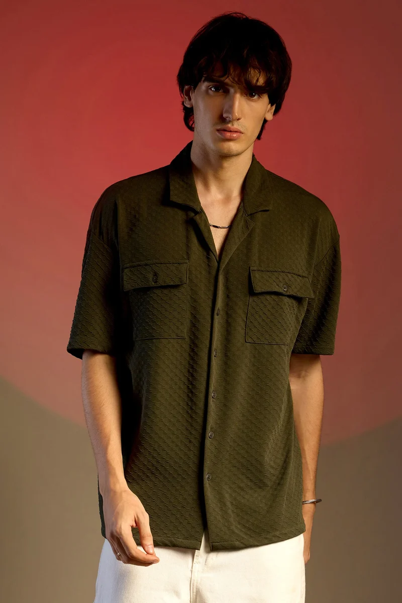 Campus Sutra Men's Army Green Cubic Utility Oversized Shirt