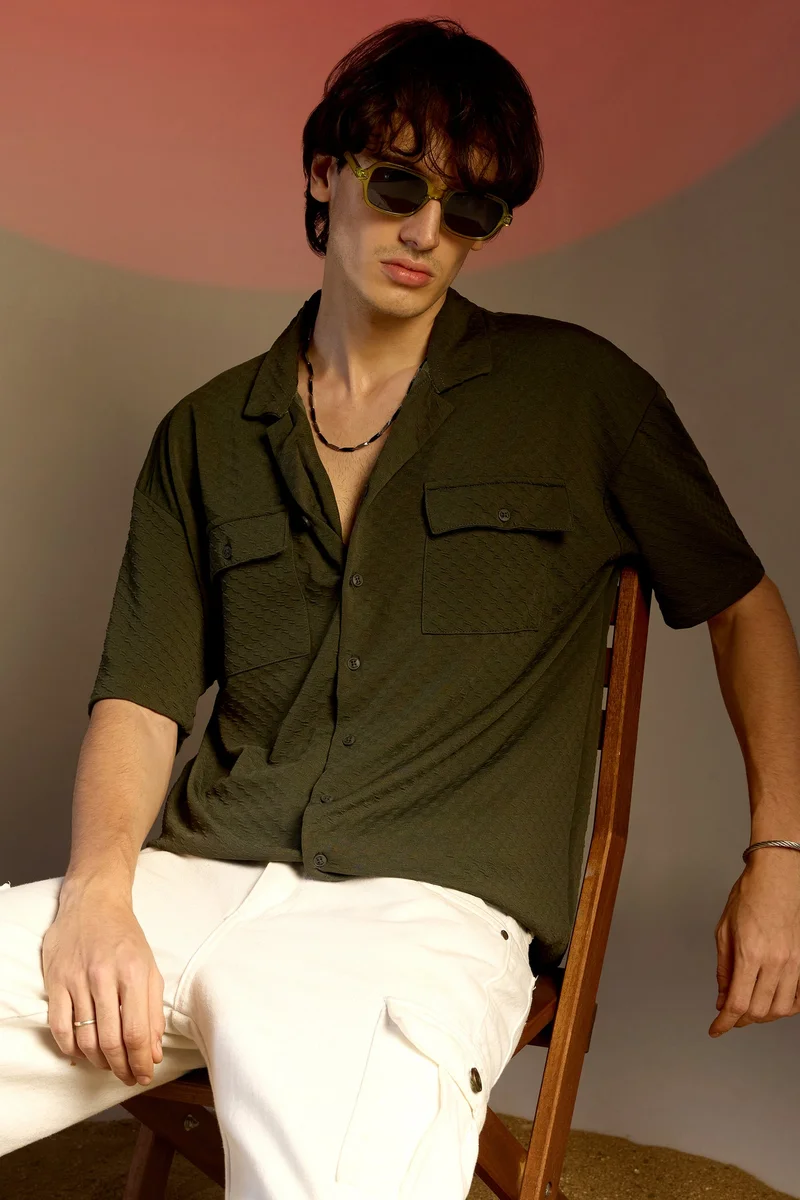 Campus Sutra Men's Army Green Cubic Utility Oversized Shirt