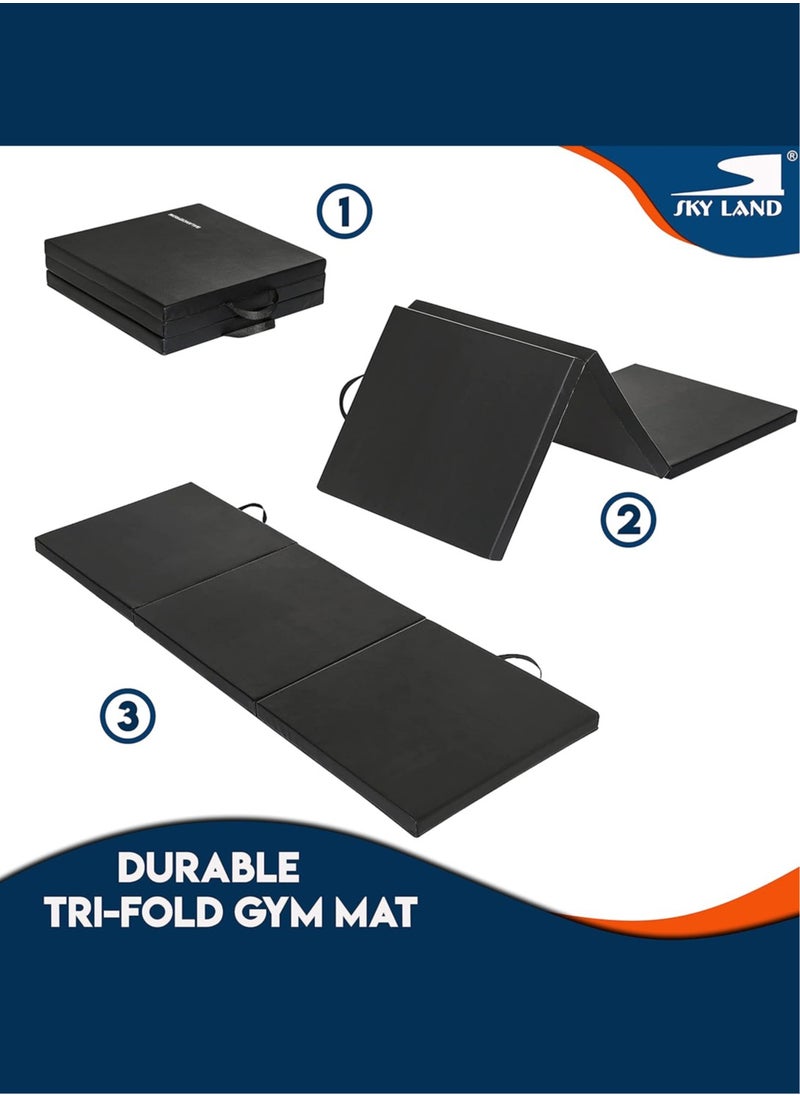 Sky Land - Tri-Folding Tumbling, Kneeling Mat, Exercise Mat, With Carrying Handles For Gymnastics, Mma, Stretching, Martial Arts, Core Workouts-Em-9348-B, Black - Image 1