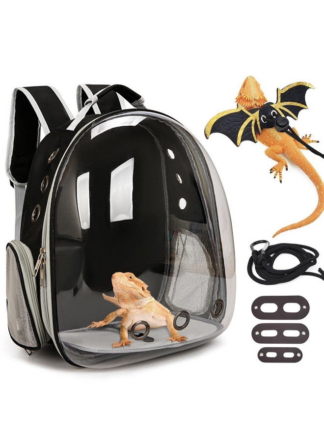 Kathson kathson Bearded Dragon Carrier with Harness and Leash Set, Large Reptile Travel Carrier Portable Lizard Backpack Clear Small Animals Carrying Bag for Gecko Hamster Rabbit Hedgehog Kitten (Black)  - Image 1