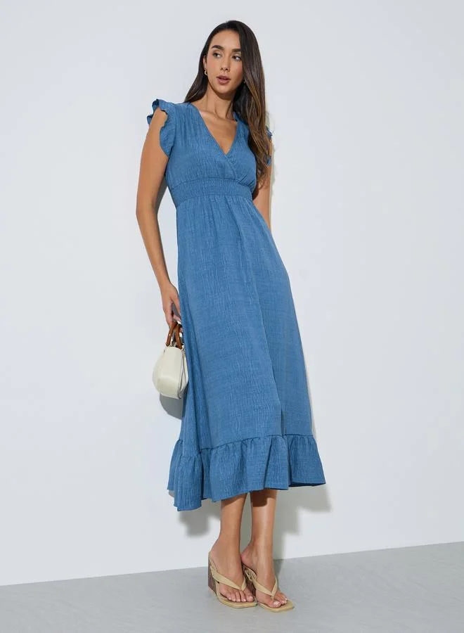 Styli Blue V Neck Gathered Waist Casual Maxi Dress