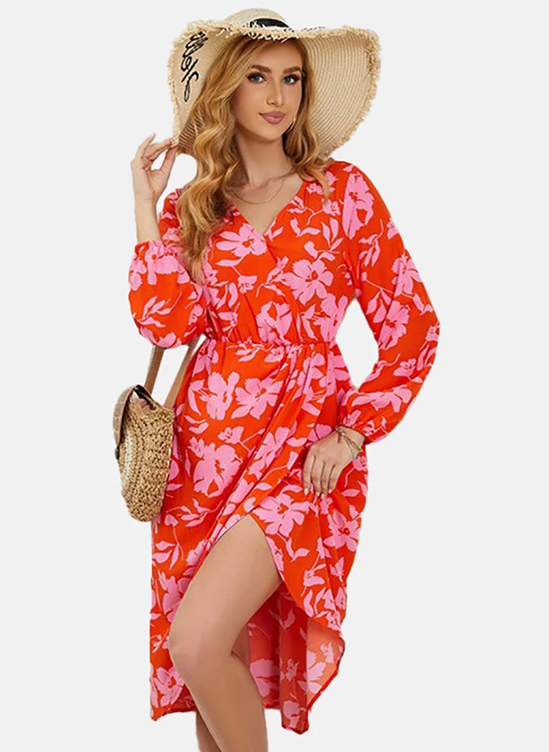 يونيكي Orange Floral Print Chiffon Midi Dress