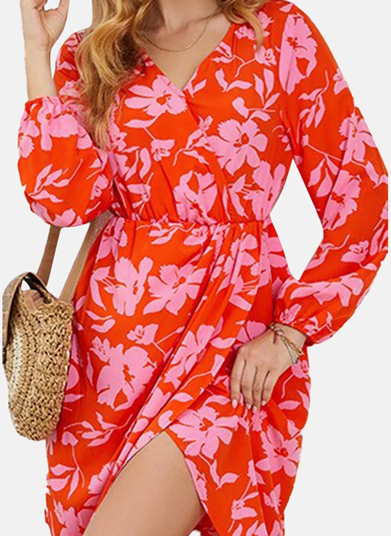 يونيكي Orange Floral Print Chiffon Midi Dress