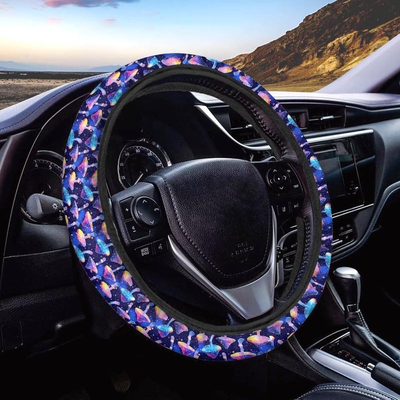 Universal Steering Wheel Cover, 15-inch Non-Slip Driving Accessories, Polyester for Car & Truck(Starry Sky Blue Mushroom) - Image 1