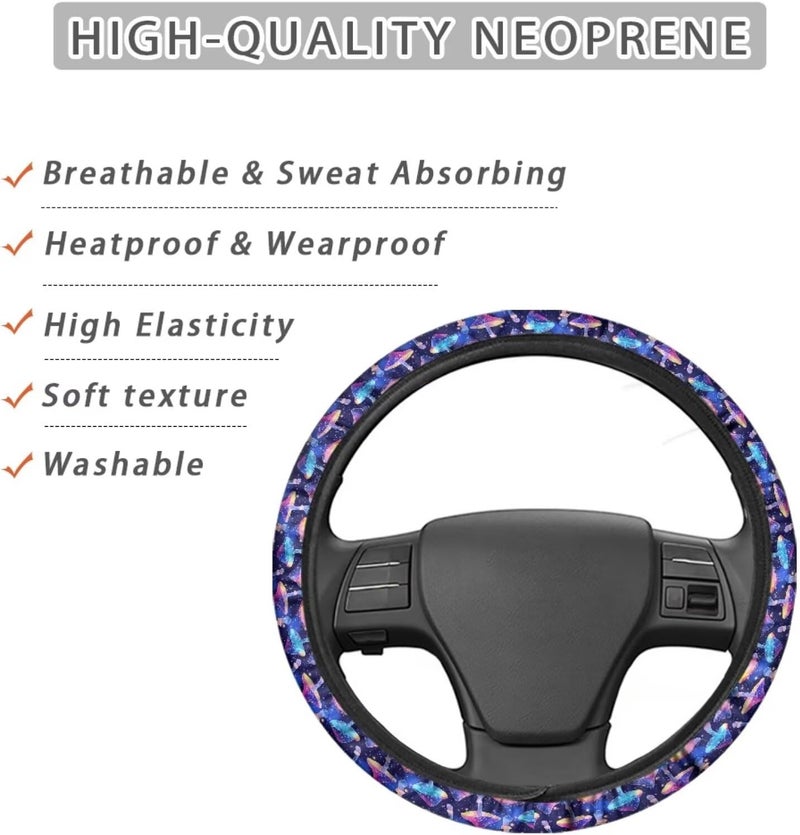 Universal Steering Wheel Cover, 15-inch Non-Slip Driving Accessories, Polyester for Car & Truck(Starry Sky Blue Mushroom) - Image 4