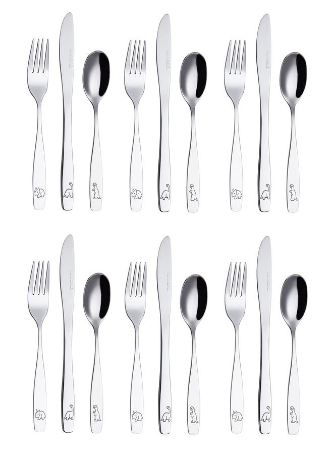 Exzact Children's Flatware Kids Silverware 18pcs Toddler Utensils - 6 x Forks, 6 x Knives, 6 x Spoons, Dishwasher Safe, 2 Year+ (Engraved Dinosaurs) - Image 1