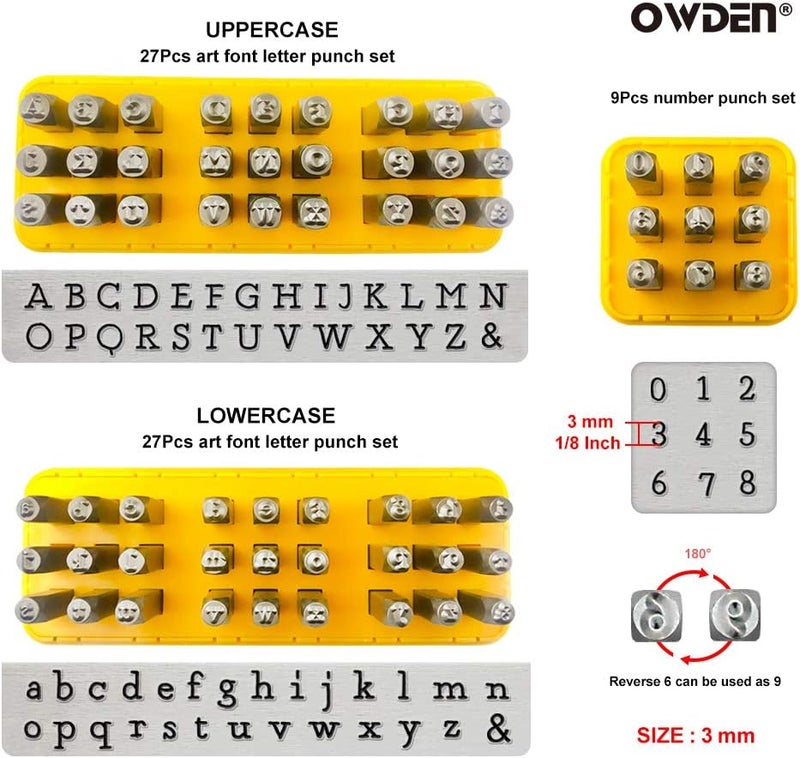 OWDEN Jewelry Metal Stamps kit for Jewelry Stamping Making,Size:(1/8",3mm) 2 Sets Art Font Letter Punch Set (Uppercase and Lowercase) with 1 Set Number Punch Set,1Pc Hammer and 1Pc Steel Bench Block - Image 2