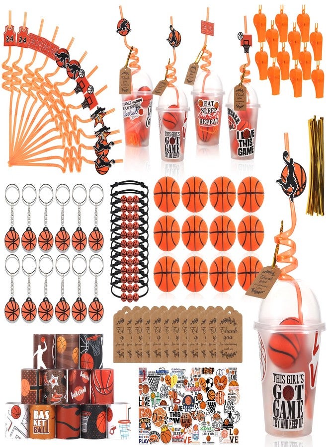LiYiQ 158 Pcs Basketball Party Favors Basketball Party Supplies with Cup Straw Stress Ball Keychain Sticker Slaps Bracelets Whistle Thank You Tags for Basketball Birthday Decorations (Basketball) - Image 1