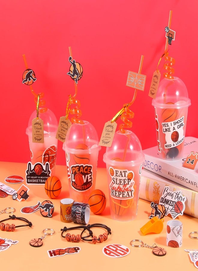 LiYiQ 158 Pcs Basketball Party Favors Basketball Party Supplies with Cup Straw Stress Ball Keychain Sticker Slaps Bracelets Whistle Thank You Tags for Basketball Birthday Decorations (Basketball) - Image 4