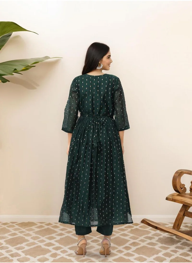 آي شين Women's Bottle Green Chanderi/Shantoon Embellished Tunic Full Length Casual Straight Fit Kurta Set