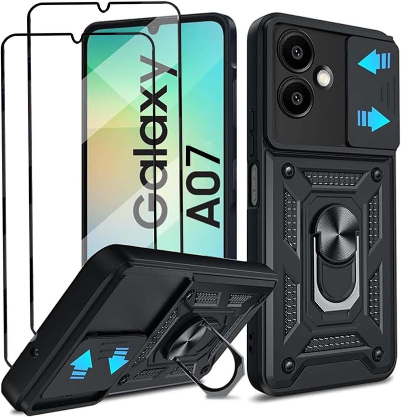 Lukione Compatible with Samsung Galaxy A07 Case & Tempered Glass Screen Protector, Ring Kickstand and Sliding Camera Cover with Kickstand,Drop Proof,Heavy Duty Protective [1+2pcs] - Image 1