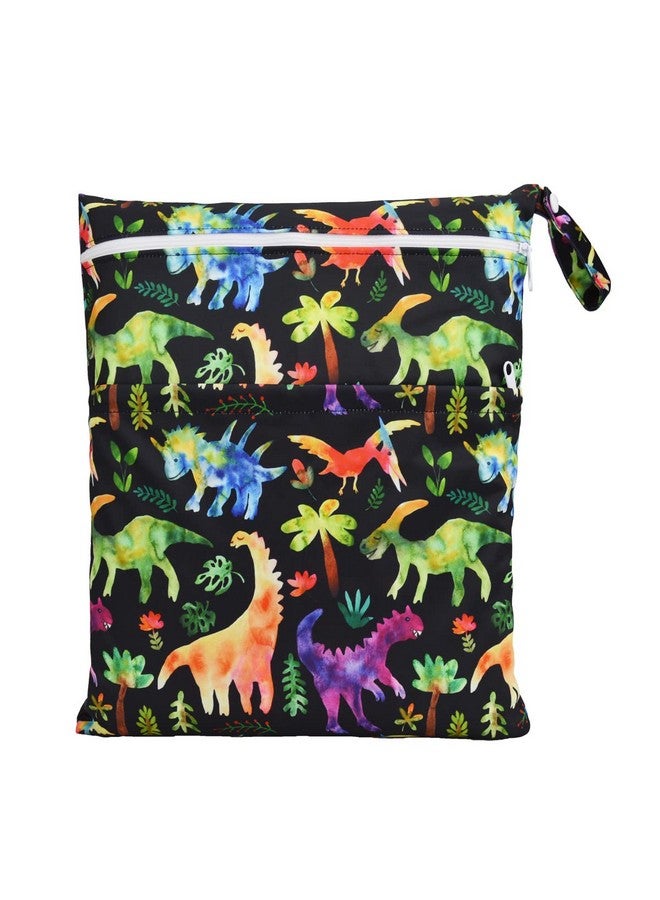 Sigzagor Wet Dry Bag Baby Cloth Diaper Nappy Reusable Washable With Two Zippered Pockets (Dinosaurs Coconut Trees) - Image 1