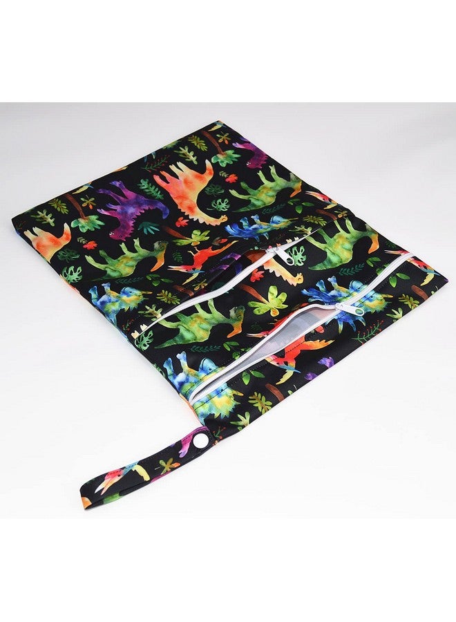 Sigzagor Wet Dry Bag Baby Cloth Diaper Nappy Reusable Washable With Two Zippered Pockets (Dinosaurs Coconut Trees) - Image 3