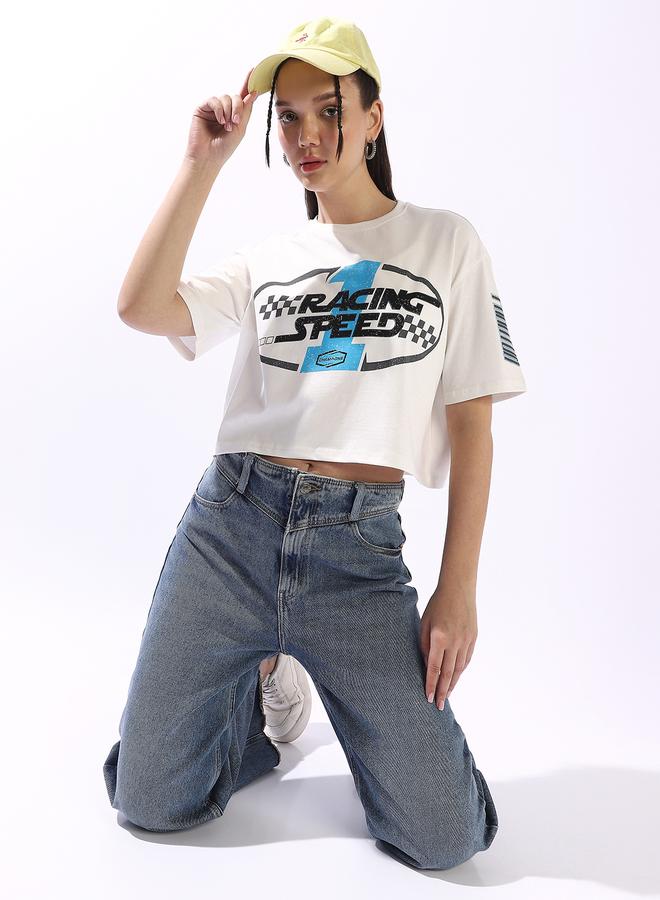 HIGH STAR Women's Off White 100% Cotton Printed Boxy Fit T-Shirt - Image 2