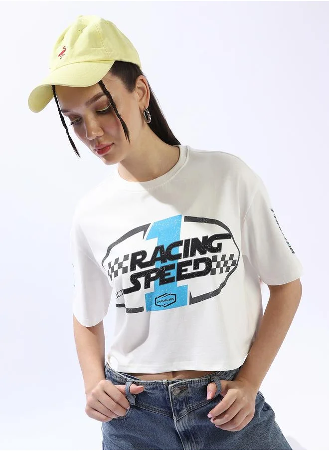 HIGH STAR Women's Off White 100% Cotton Printed Boxy Fit T-Shirt