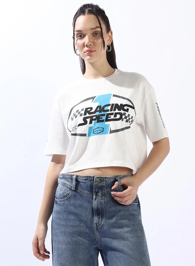 HIGH STAR Women's Off White 100% Cotton Printed Boxy Fit T-Shirt