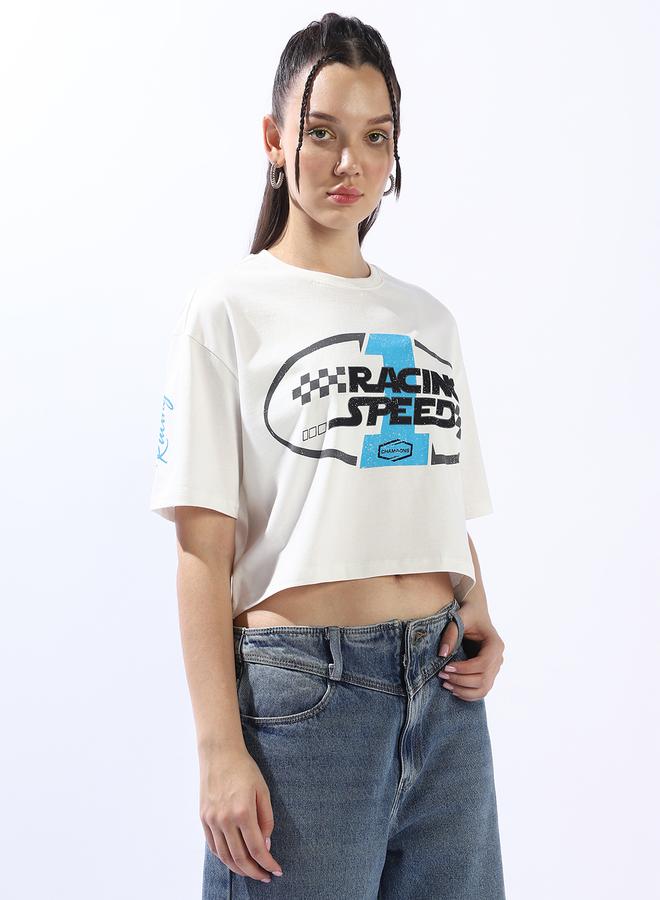 HIGH STAR Women's Off White 100% Cotton Printed Boxy Fit T-Shirt - Image 3