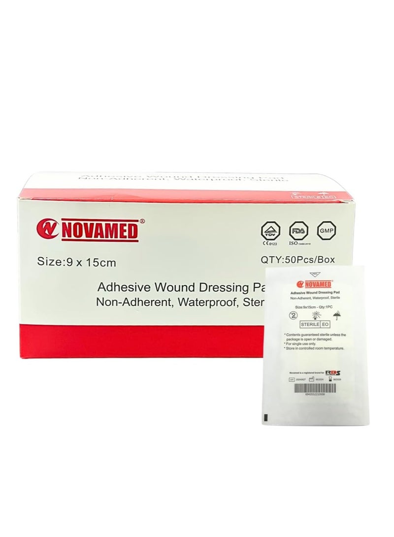 Novamed Adhesive Wound Dressing Waterproof Pad, 9×15 cm, 50 pcs