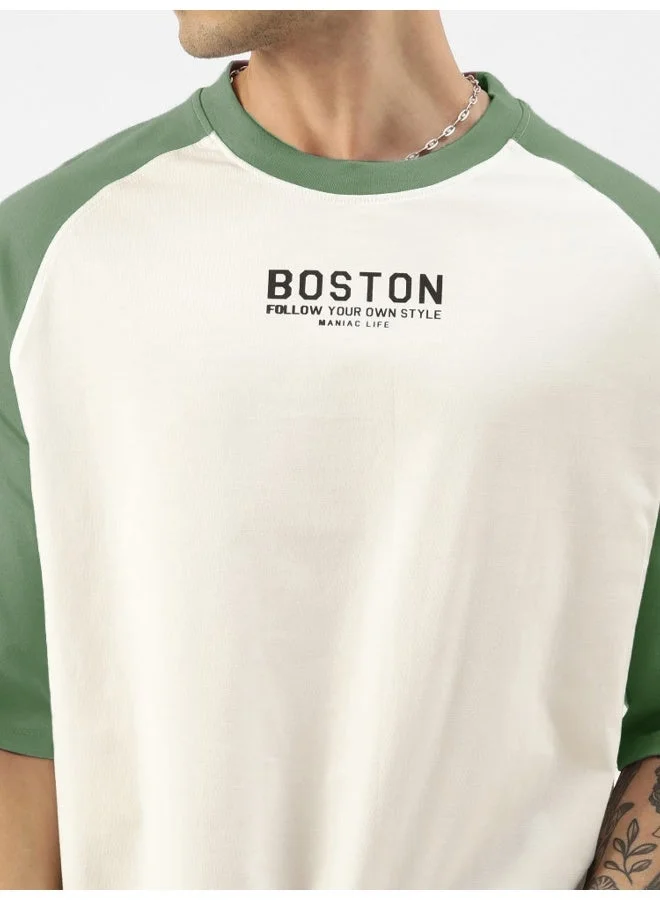 Maniac  Maniac Mens Printed Round Neck raglan Half Sleeve White and Hunter Green Cotton Oversized Tshirt for Men | Best Price UAE