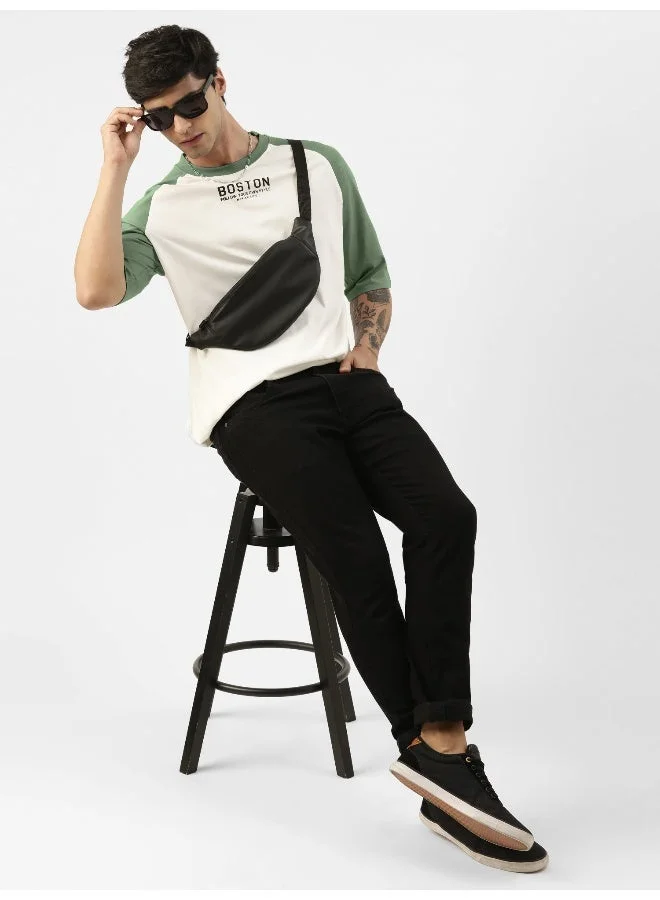 Maniac  Maniac Mens Printed Round Neck raglan Half Sleeve White and Hunter Green Cotton Oversized Tshirt for Men | Best Price UAE