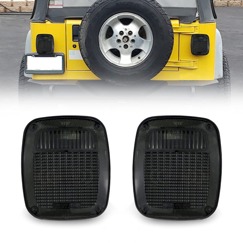USR DEPO 9706 TJ Tail Lights All Smoke Lens Plug and Play Rear Tail Lamps Set Left Right Compatible with 19972006 Wrangler TJ Chassis Smoked with Housing and Wiring
