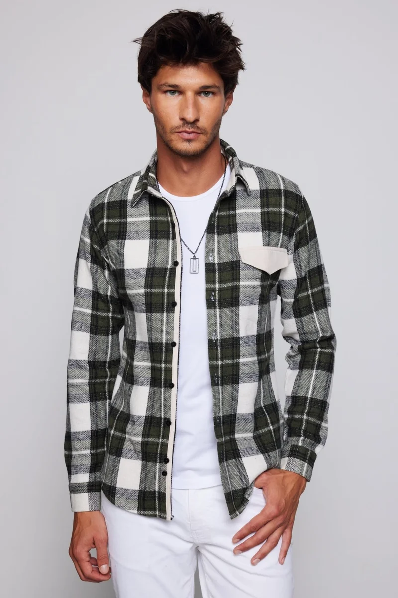 Tudors Slim Fit Narrow Cut Sport Collar Checked Lumberjack Black Gray Men's Shirt