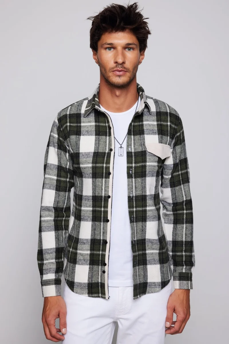Tudors Slim Fit Narrow Cut Sport Collar Checked Lumberjack Black Gray Men's Shirt