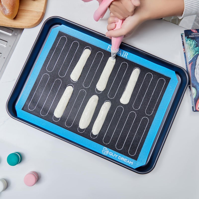 GUYDREMAT 3PCs GUY DREAM Perforated Silicone Baking Mat 11-4/5" x 15-3/4" - 1 Choux Mat, 1 Eclair Mat and 1 Blank Mat for Baking Cookie- Steaming Mesh For Half Size Cooking Sheet- Non-Stick Reusable Oven Liner - Image 2