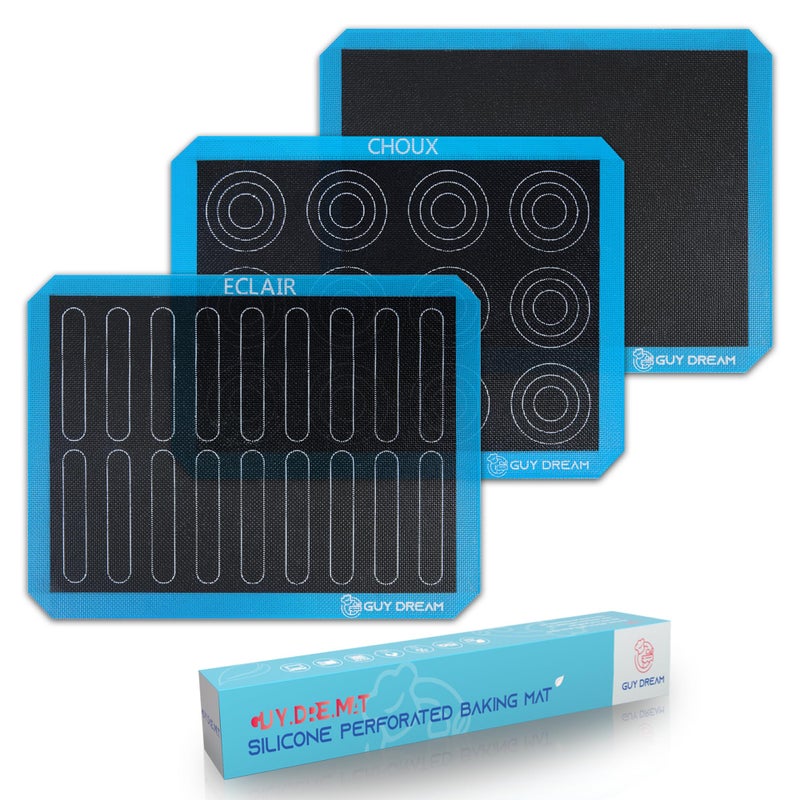 GUYDREMAT 3PCs GUY DREAM Perforated Silicone Baking Mat 11-4/5" x 15-3/4" - 1 Choux Mat, 1 Eclair Mat and 1 Blank Mat for Baking Cookie- Steaming Mesh For Half Size Cooking Sheet- Non-Stick Reusable Oven Liner - Image 1