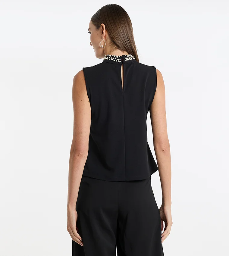 بي سي بي جي BCBG Embellished Neck Sleeveless Top