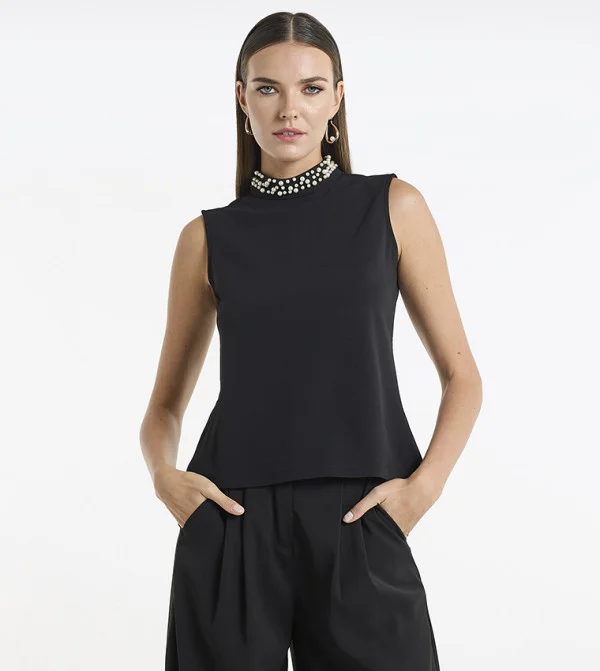 بي سي بي جي BCBG Embellished Neck Sleeveless Top