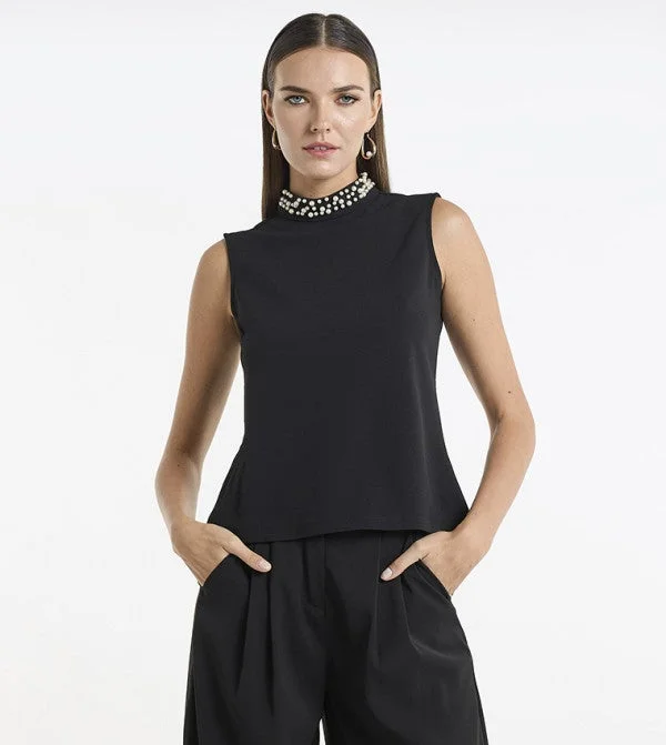 بي سي بي جي BCBG Embellished Neck Sleeveless Top