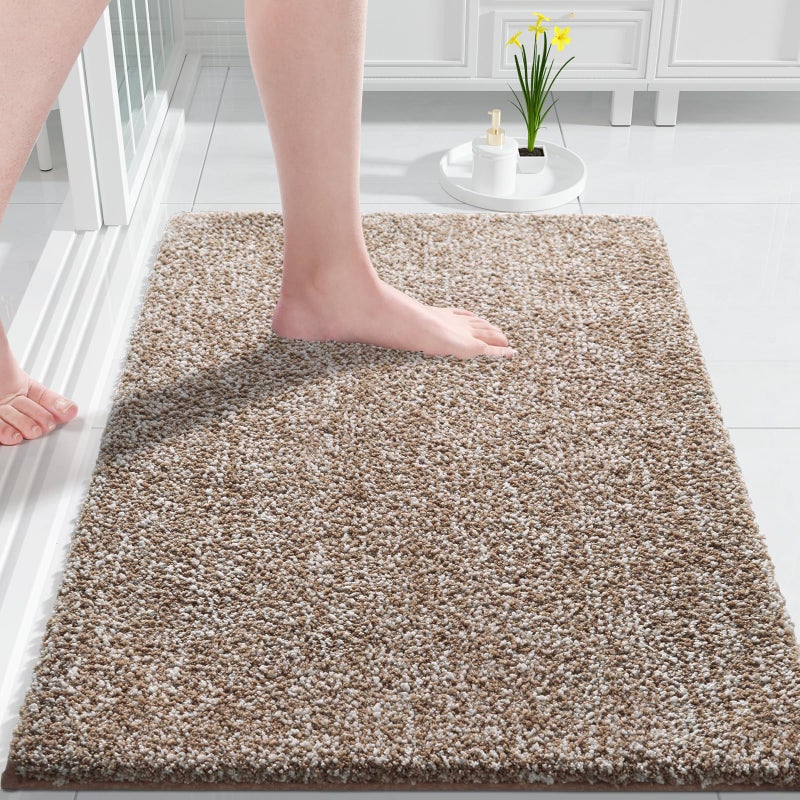 Yimobra Bathroom Rugs Mat  Extra Soft Comfortable Bath Rugs  Non-Slip  Water Absorbent and Thick Bathroom Floor Mats  Machine Washine  Shaggy Rugs for Shower Bathtubs  32"" x 20""  Brown&White - Image 1