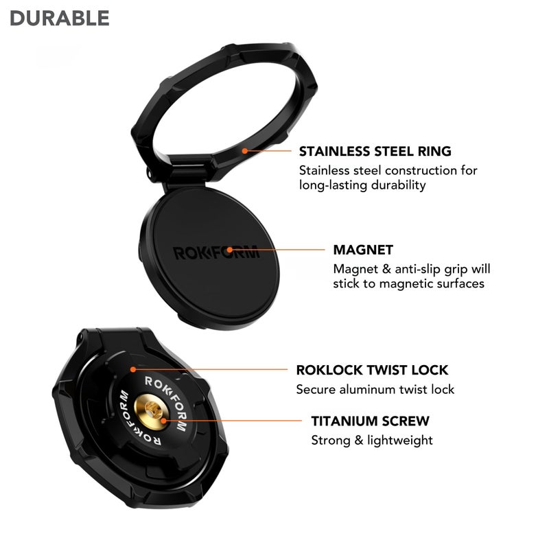 Rokform - Magnetic Sport Ring Grip and Stand, Version 2, Metal Cell Phone Holder, Specially Designed for Rokform iPhone, Samsung, & Pixel ROKLOCK Twist Lock Cases (Black) - Image 3