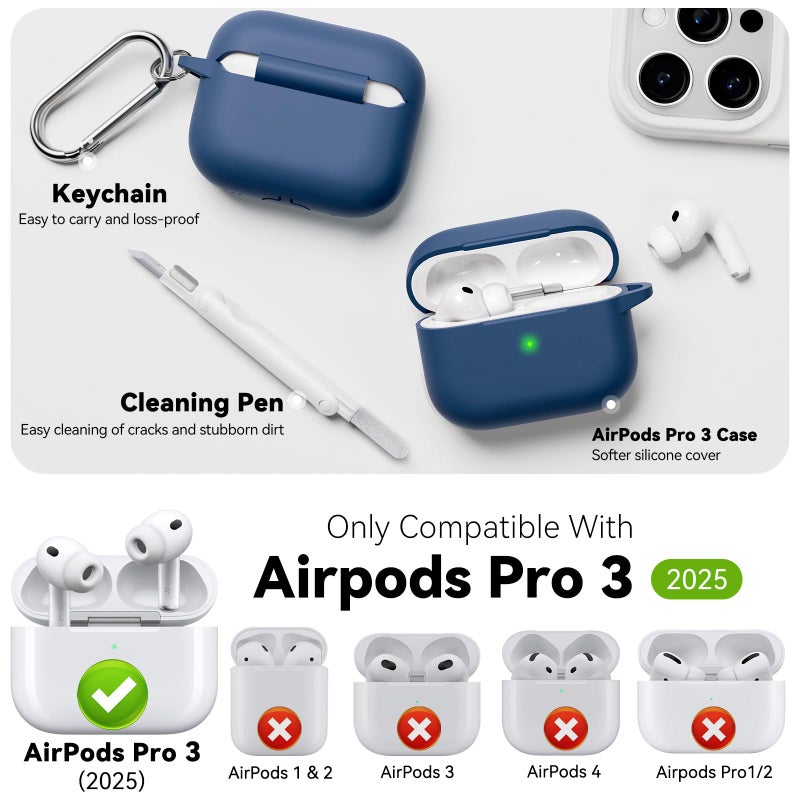 MCTOPZO for AirPods Pro 3 Case 2025 Come with Cleaner Kit,Soft Silicone Protective Cover for Apple AirPods Pro 3rd Generation Cases with Keychain, AirPod Pro 3 Case for Women Men-Midnight Blue - Image 2