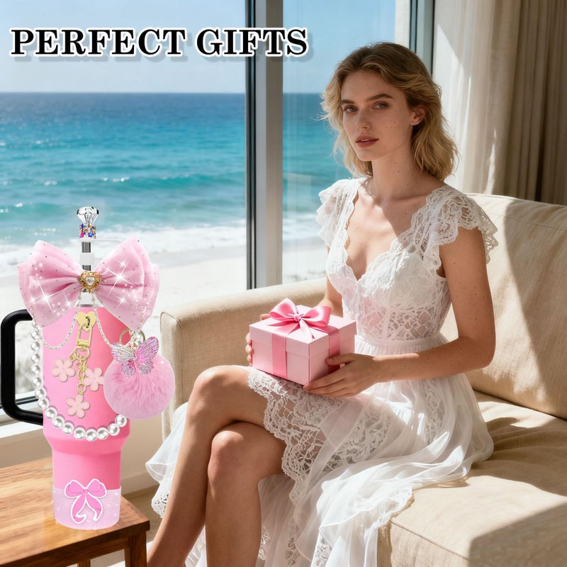 FRZSHENG Bling Accessories for Stanley Cup 20/30/40 oz Tumbler, Glitter Bow & Diamond Straw Topper Set with Silicone Boot, Pearl Handle Strap, Keychain Charms, Pink Decor for Women and Girls (Pink) - Image 3