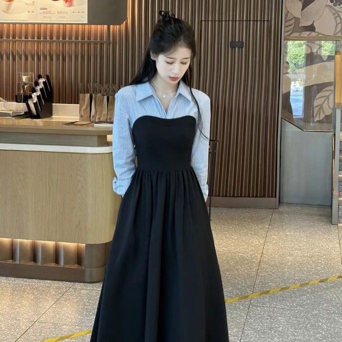 Sense stitching lapel long sleeve dress women 2025 early spring new waist slimming shirt skirt Hong Kong style chic long skirt Black