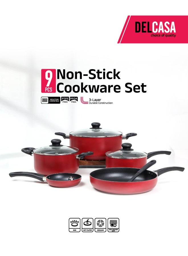 ديلكاسا طقم أواني طهي غير لاصقة مكون من 9 قطع باللون الأحمر - Image 1