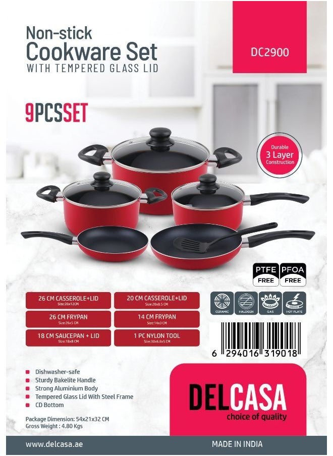 DELCASA - 9-Piece Non-Stick Cookware Set Red - Image 1