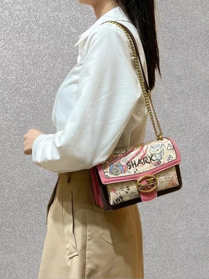 High-End Genuine Leather Bag For Women Graffiti Chain Small Square Bag Fashionable Versatile Shoulder Crossbody Bag - Image 4