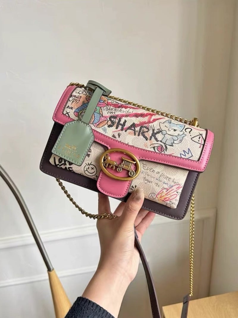 High-End Genuine Leather Bag For Women Graffiti Chain Small Square Bag Fashionable Versatile Shoulder Crossbody Bag - Image 2