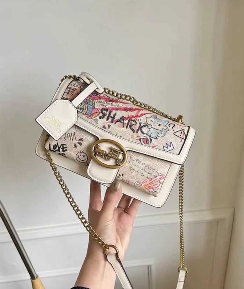 High-End Genuine Leather Bag For Women Graffiti Chain Small Square Bag Fashionable Versatile Shoulder Crossbody Bag - Image 1