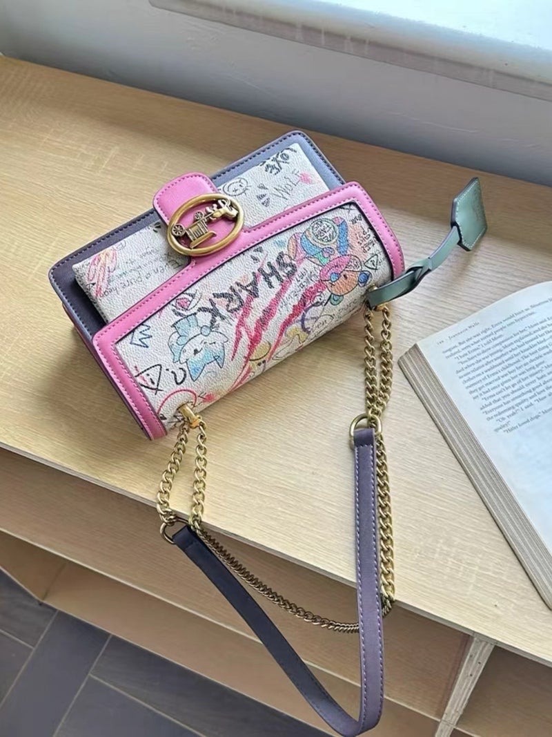 High-End Genuine Leather Bag For Women Graffiti Chain Small Square Bag Fashionable Versatile Shoulder Crossbody Bag - Image 5