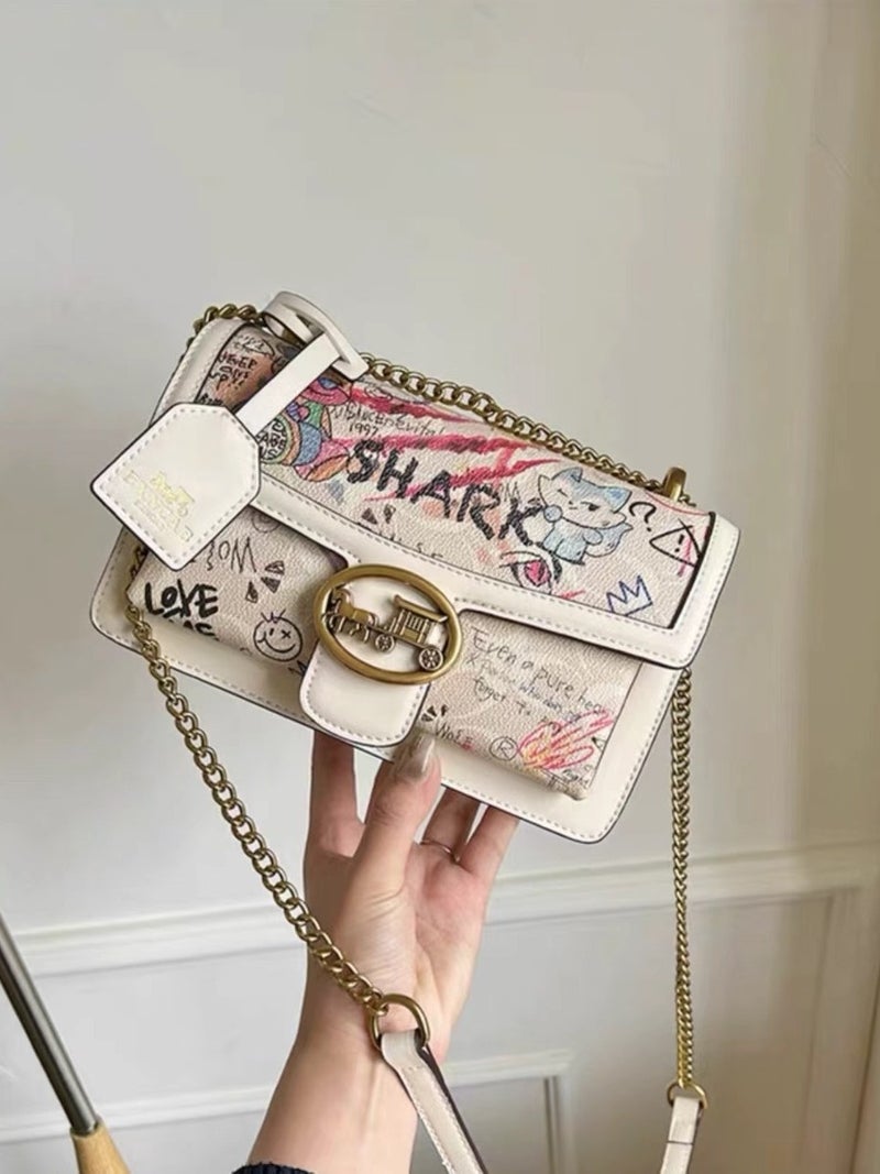 High-End Genuine Leather Bag For Women Graffiti Chain Small Square Bag Fashionable Versatile Shoulder Crossbody Bag - Image 3