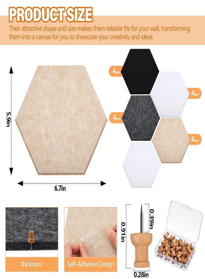 Mindsoft 16 Pcs Hexagon Cork Board for Walls with 50 Wooden Push Pins 6.7 x 5.9 in Felt Bulletin Board Tiles Notice Self Adhesive Hanging Pin Board for Home Photo Office Memo Note(Classic Colors) - Image 3