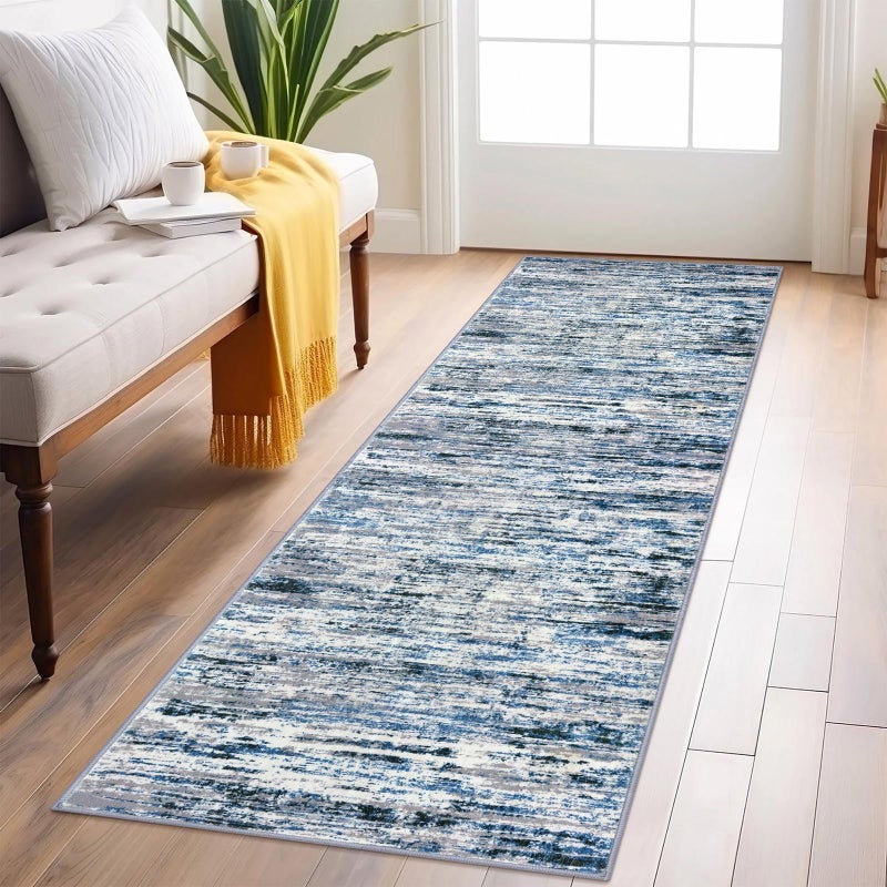 Lansny Modern Abstract Runner Rug 2x6, Grey Blue White Washable Kitchen Runner Non-Slip Soft Hallway Rug Runner Thin Print Faux Wool Carpet for Entryway Bedroom Laundry Room Indoor Home Decor - Image 1