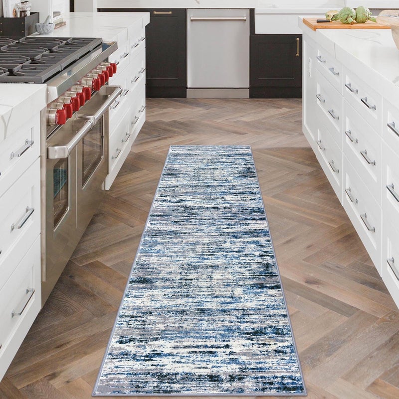 Lansny Modern Abstract Runner Rug 2x6, Grey Blue White Washable Kitchen Runner Non-Slip Soft Hallway Rug Runner Thin Print Faux Wool Carpet for Entryway Bedroom Laundry Room Indoor Home Decor - Image 2