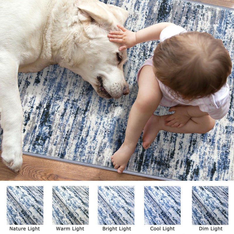 Lansny Modern Abstract Runner Rug 2x6, Grey Blue White Washable Kitchen Runner Non-Slip Soft Hallway Rug Runner Thin Print Faux Wool Carpet for Entryway Bedroom Laundry Room Indoor Home Decor - Image 3