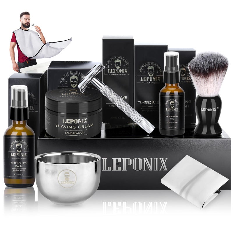 Shaving Kit for Men Include Safety Razor Sandalwood Cream Aftershave Pre Shave Oil Shaving Brush and Bowl Shaving Apron Bib Unique Gifts for Him Stocking Stuffers