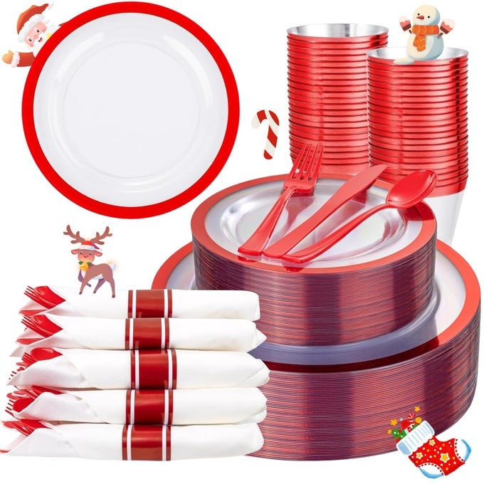 350PCS CLEAR AND RED PLASTIC NEW YEAR PLATES AND NAPKINS FOR 50GUESTS PLASTIC DINNERWARE SET100 RED DISPOSABLE PLATES 50 PRE ROLLED NAPKINS WITH CUTLERY50 CUPS FOR PARTYCHRISTMAS